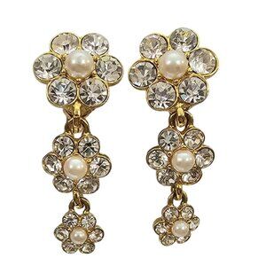 Monet Gold Tone Clip On Clear Rhinestone Faux Pearl Flower Charm Dangle Earrings